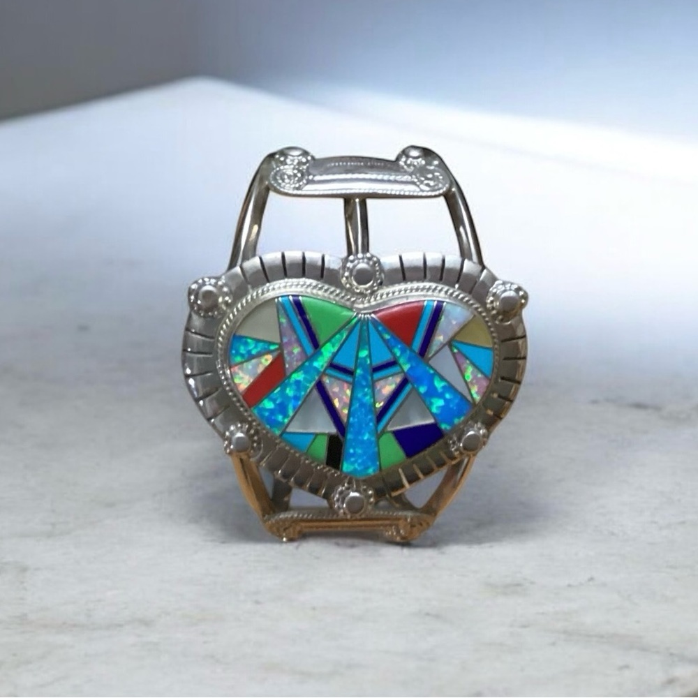 Sterling Silver Heart Cuff Bracelet with Inlay Multi Color Stones